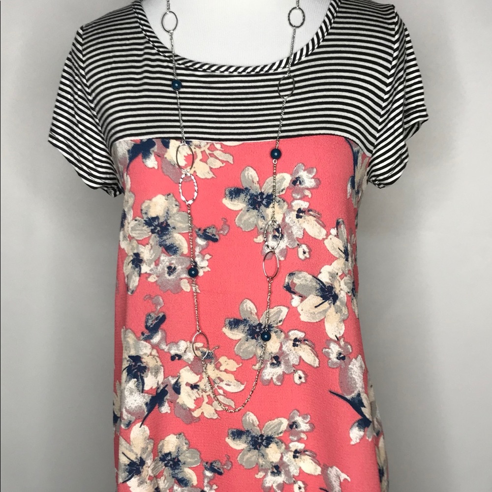 Floral Tunic with Stripe Contrast Neckline